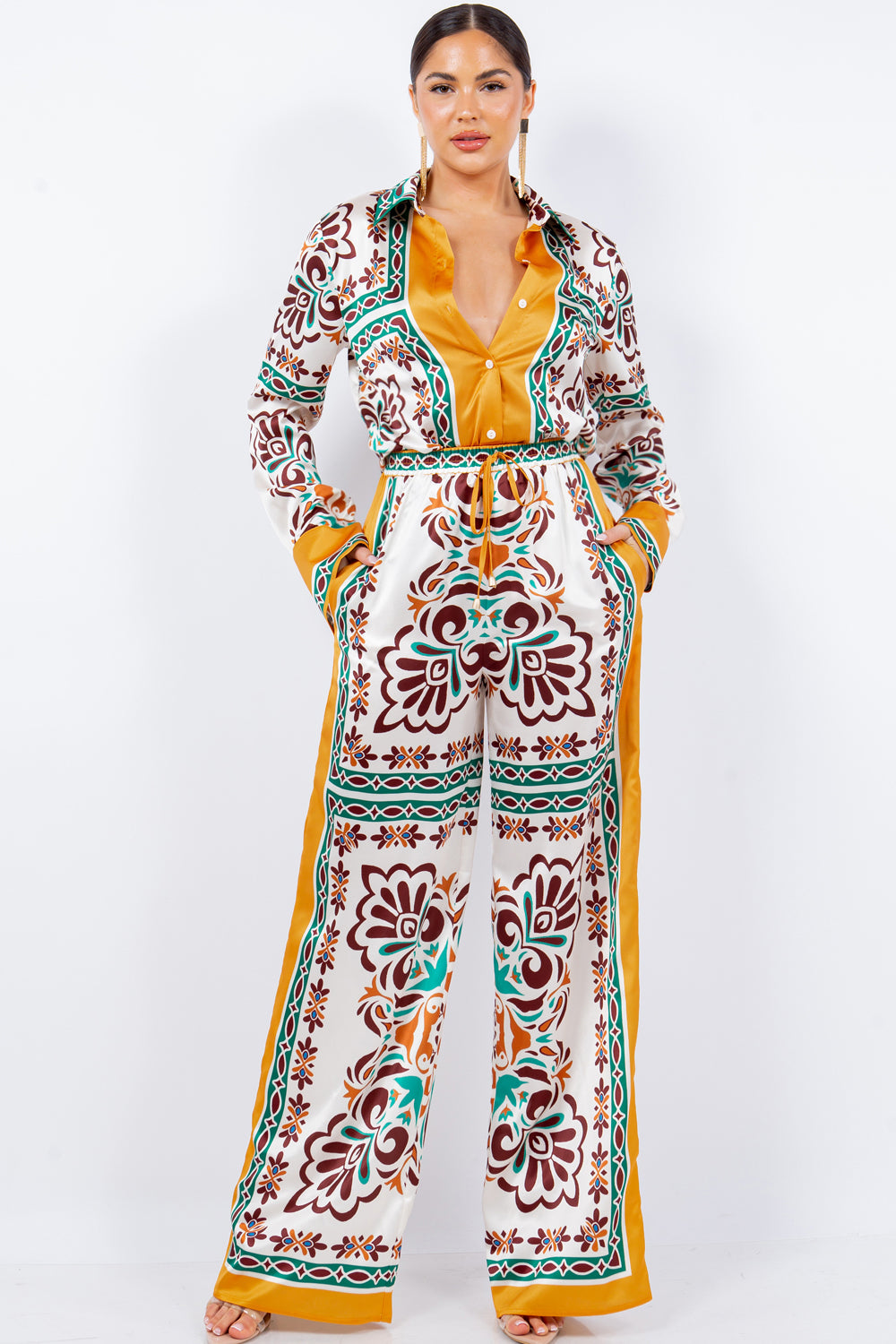 silky stain button down shirt and wide pants set