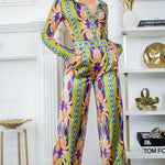 silky stain button down shirt and wide pants set