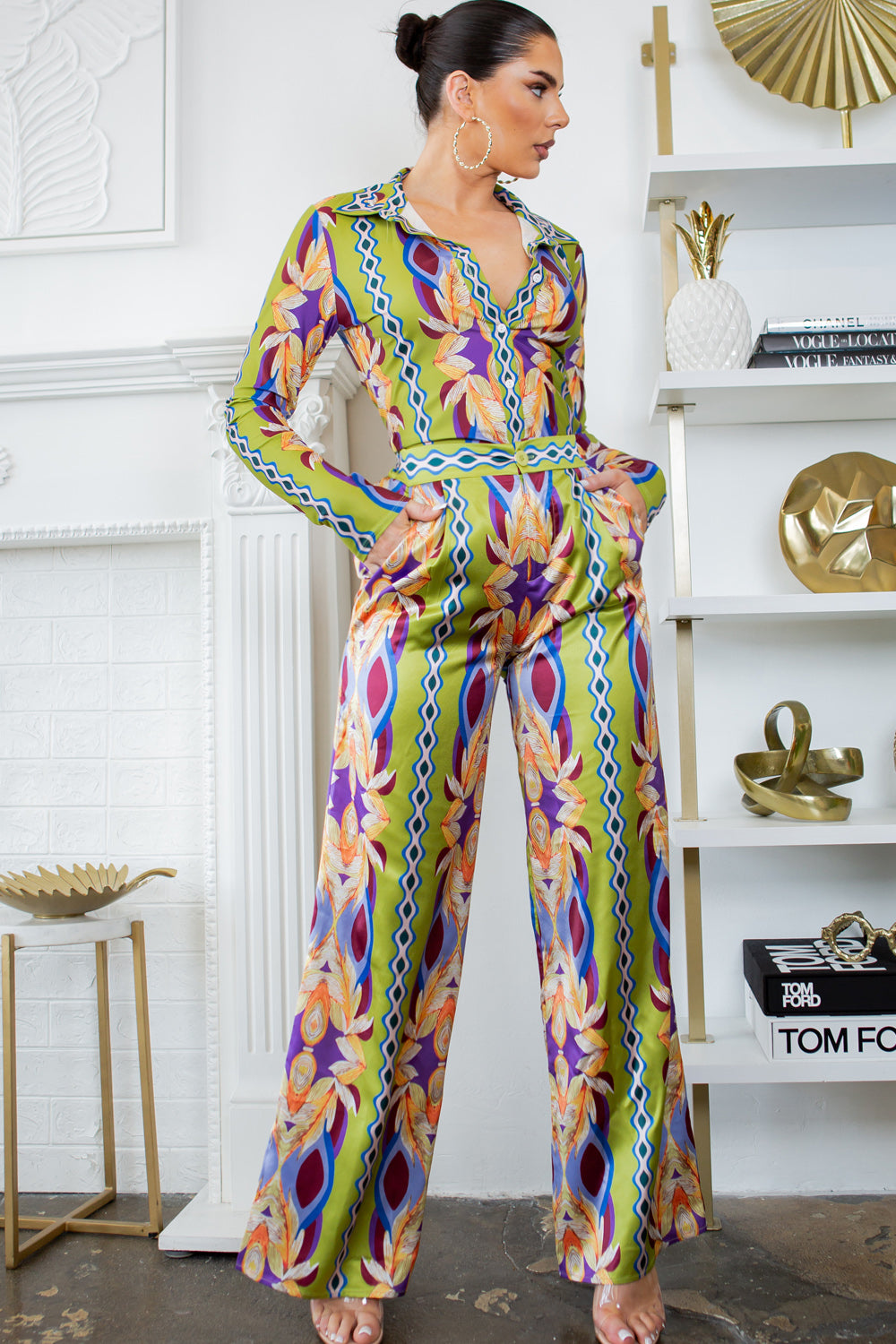 silky stain button down shirt and wide pants set