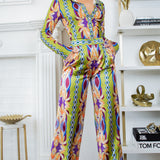 silky stain button down shirt and wide pants set