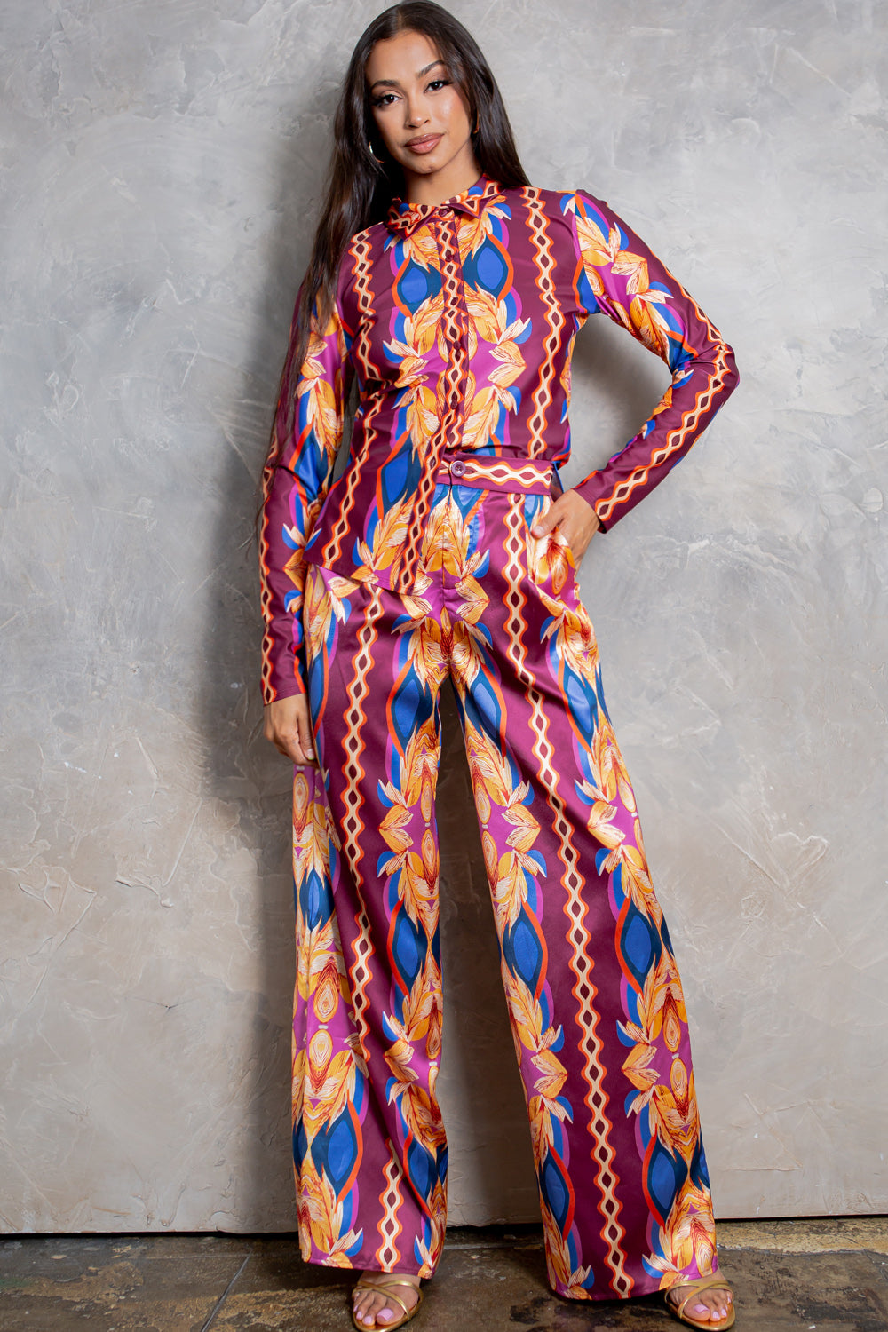 silky stain button down shirt and wide pants set