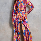 silky stain button down shirt and wide pants set