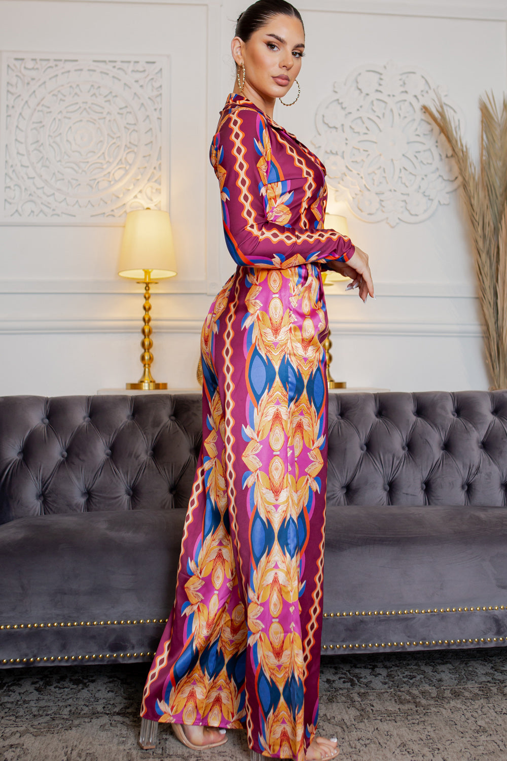 silky stain button down shirt and wide pants set