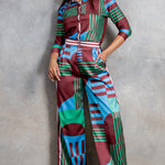 silky stain button down shirt and wide pants set