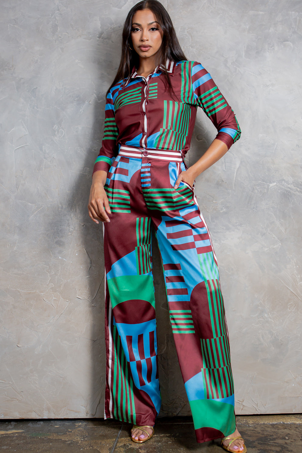 silky stain button down shirt and wide pants set