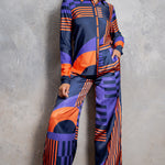 silky stain button down shirt and wide pants set