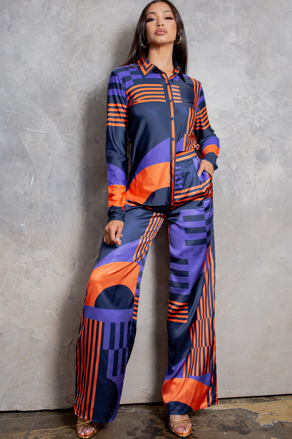 silky stain button down shirt and wide pants set