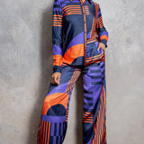 silky stain button down shirt and wide pants set