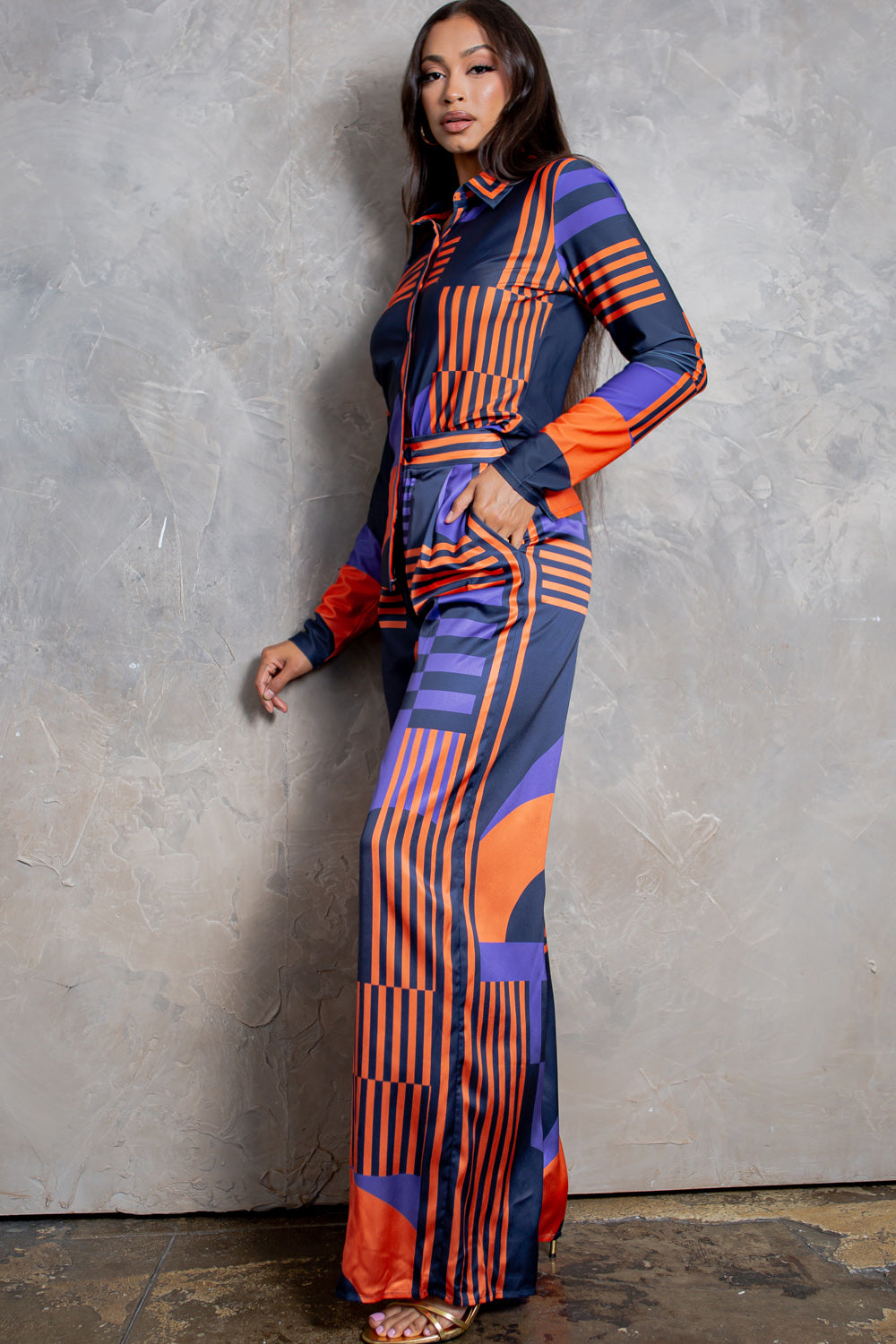 silky stain button down shirt and wide pants set