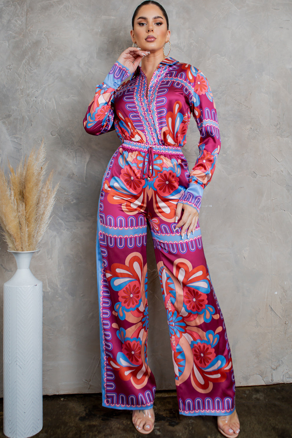 silky stain button down shirt and wide pants set