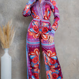 silky stain button down shirt and wide pants set