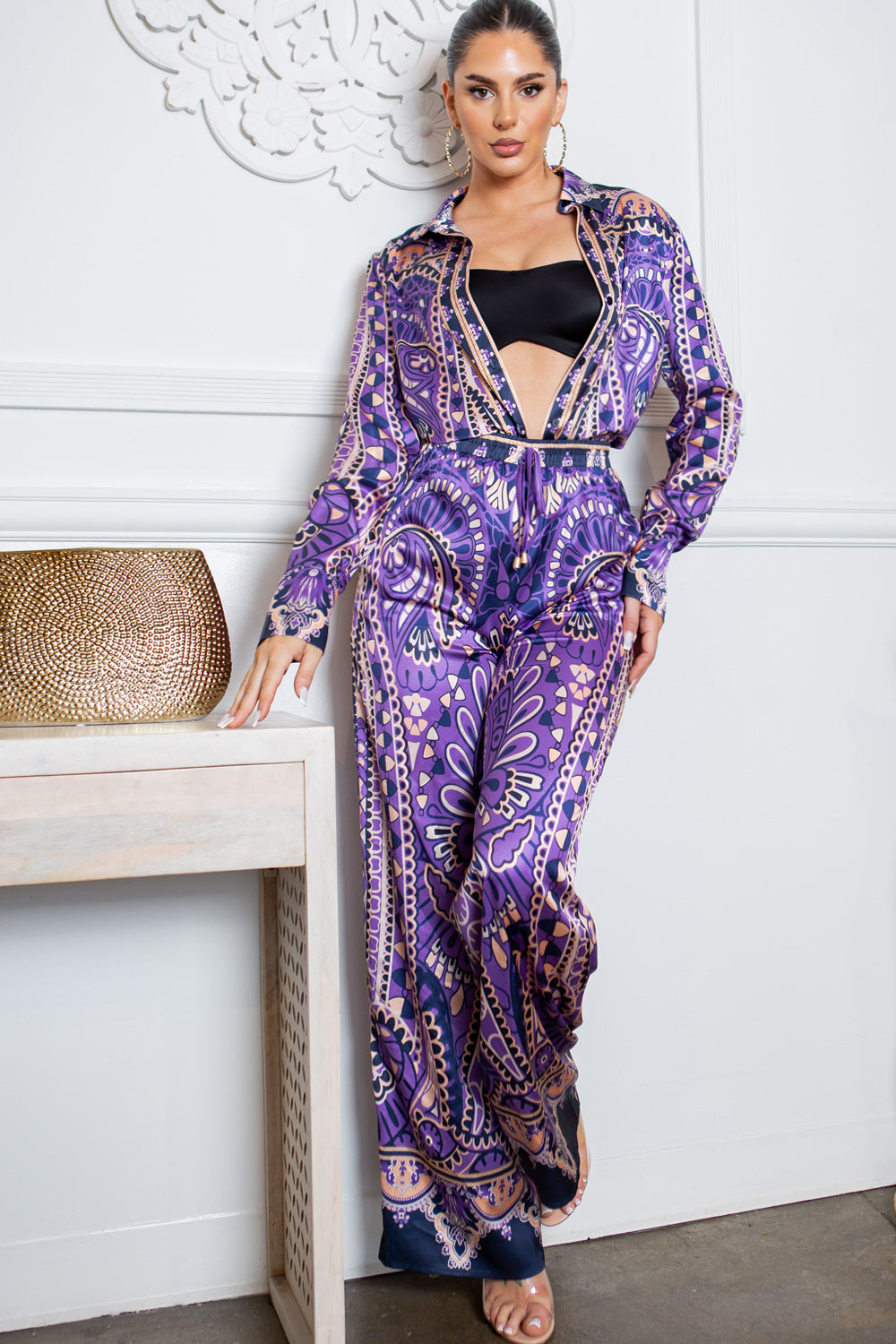 silky stain button down shirt and wide pants set