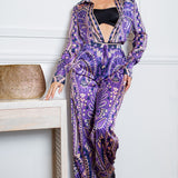 silky stain button down shirt and wide pants set