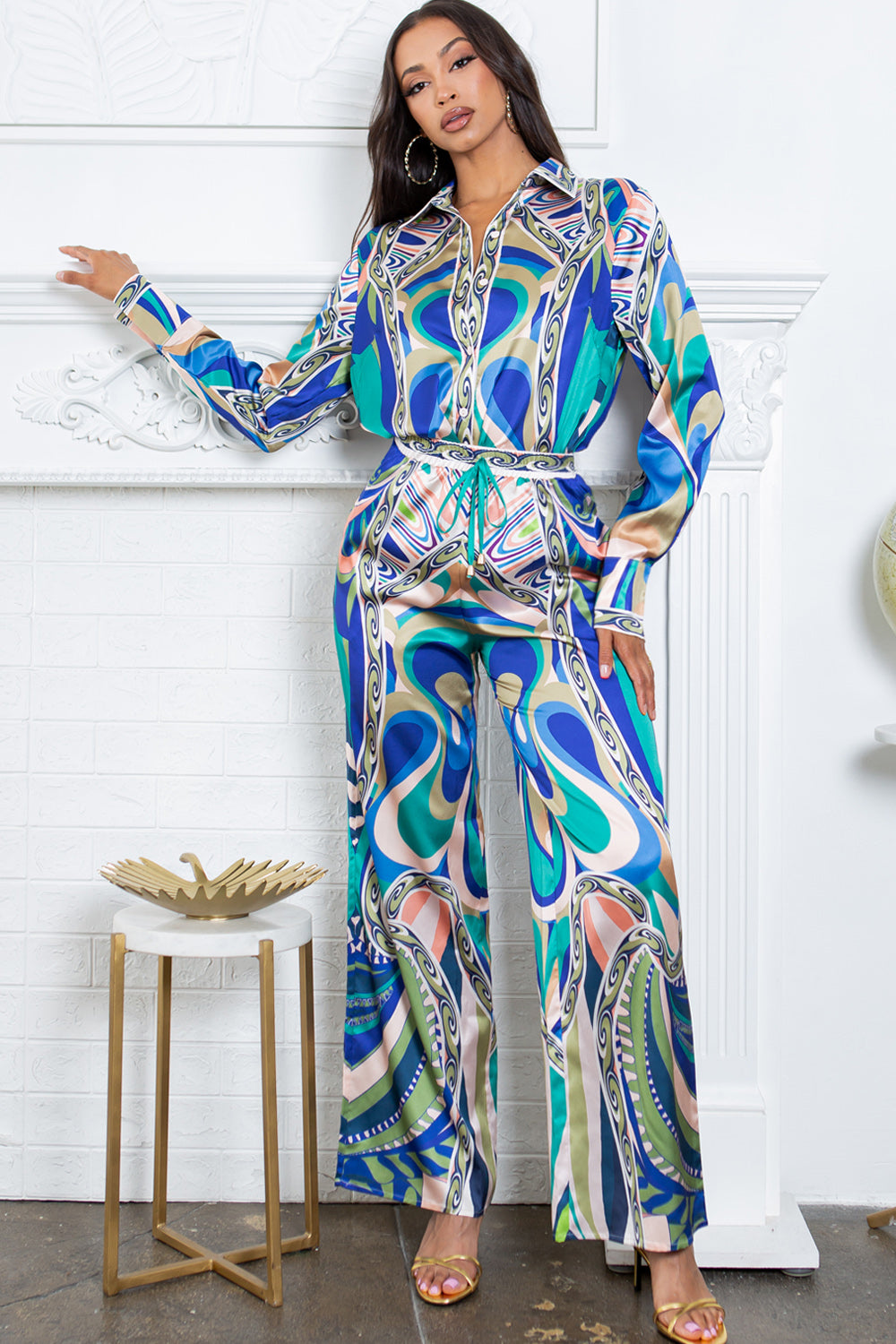 silky stain button down shirt and wide pants set