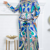 silky stain button down shirt and wide pants set