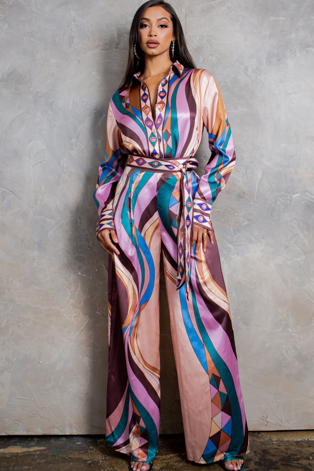 Satin button down shirt and wide pants set