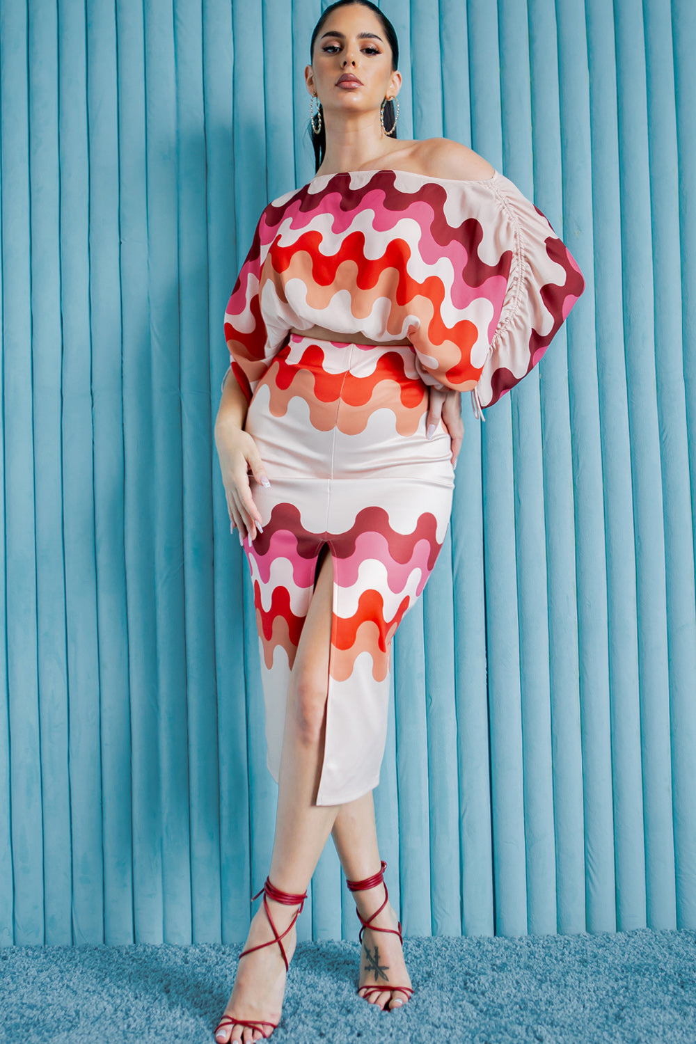 Boat neckline cropped blouse and midi skirt set