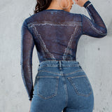Denim Print Mesh Long Sleeve Bodysuit