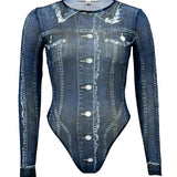 Denim Print Mesh Long Sleeve Bodysuit