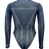 Denim Print Mesh Long Sleeve Bodysuit