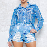 Denim Effect Chiffon Blouse & Short Pants Set