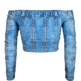 Off-shoulder Mesh Long Sleeve Top