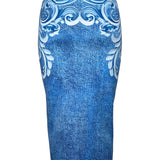 Denim Print Midi Slit Skirt