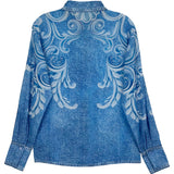 Denim Effect Satin Long Sleeves Blouse