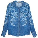 Denim Effect Satin Long Sleeves Blouse