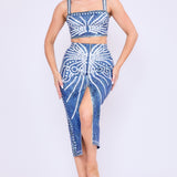 Denim Effect Crop Top & Slit Skirt Set