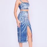 Denim Effect Crop Top & Slit Skirt Set