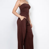 Solid Elastic Strapless Top & Wide Pants Set