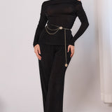 Solid Off-shoulder Long Sleeve Top & Wide Pants Set