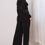 Solid Off-shoulder Long Sleeve Top & Wide Pants Set