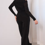 Solid Off-shoulder Long Sleeve Top & Wide Pants Set