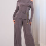 Solid Off-shoulder Long Sleeve Top & Wide Pants Set
