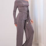 Solid Off-shoulder Long Sleeve Top & Wide Pants Set