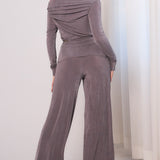 Solid Off-shoulder Long Sleeve Top & Wide Pants Set