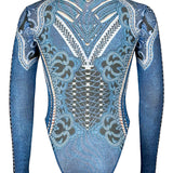 Denim Print Mesh Long Sleeve Bodysuit
