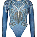 Denim Print Mesh Long Sleeve Bodysuit