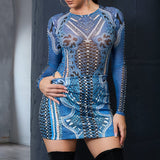 Denim Print Mesh Long Sleeve Bodysuit