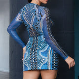 Denim Print Mesh Long Sleeve Bodysuit