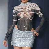 Denim Print Mesh Long Sleeve Bodysuit