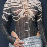 Denim Print Mesh Long Sleeve Bodysuit