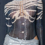 Denim Print Mesh Long Sleeve Bodysuit