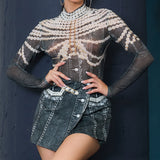 Denim Print Mesh Long Sleeve Bodysuit