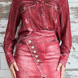 Denim Effect Chiffon Blouse & Midi Skirt Set