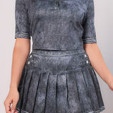 Denim Effect Half Sleeve Collared Shirt (TOP ONLY)