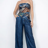 Denim Effect Elastic Strapless Top & Wide Pants Set