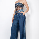 Denim Effect Elastic Strapless Top & Wide Pants Set